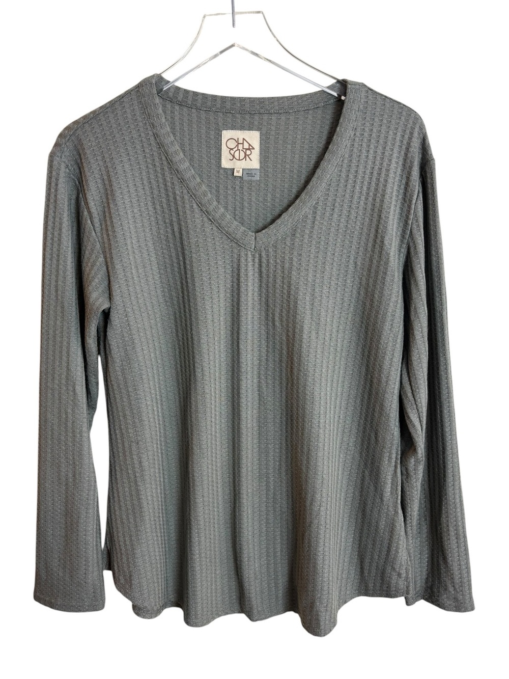 Chaser Sage Green Grey Long Sleeve V Neck Waffle Thermal Knit Top Medium NWOT